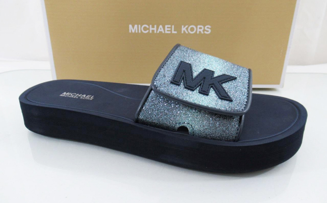 Michael Kors Womens MK Platform Logo Pool Slide Sandals in Blue