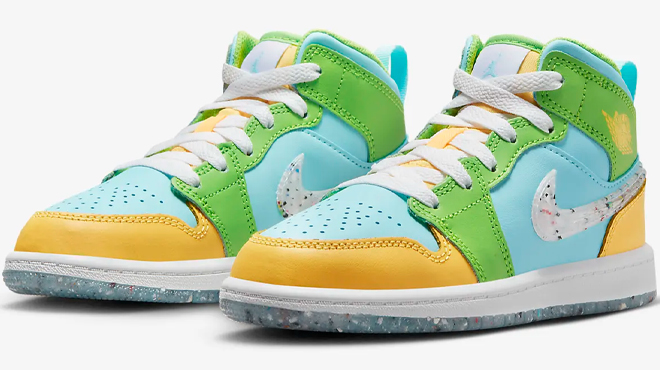 Nike Jordan 1 MID SE Little Kids Shoes in Glacier Ice Citron Pulse Action Green and White Color