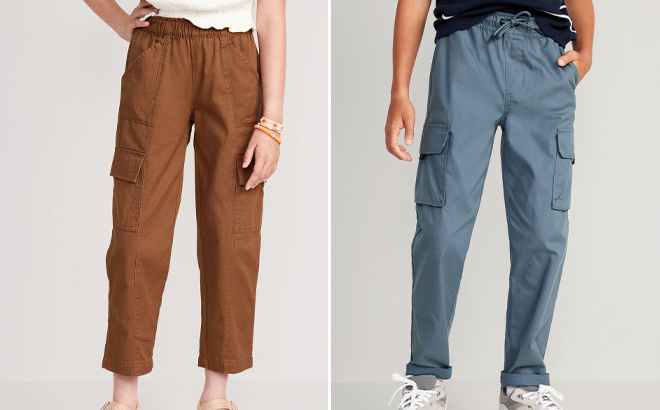 Old Navy Girls Loose Twill Cargo Pants and Boys Tapered Tech Cargo Chino Pants