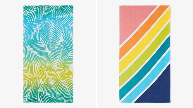 Outdoor Oasis Ombre Leaves and Rainbow Stripe Beach Towel