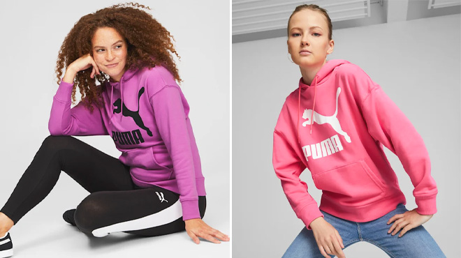 PUMA Classics Womnes Logo Hoodie in Purple and Pink Color