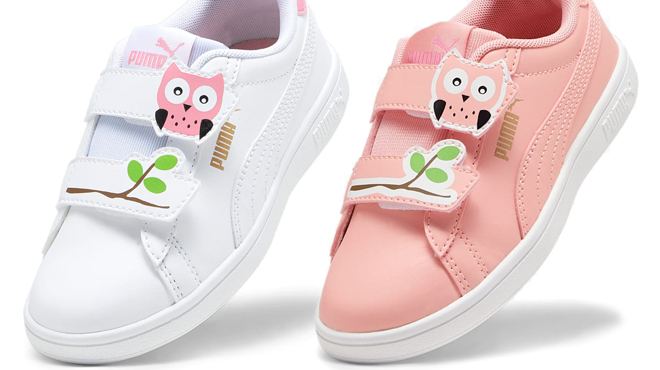 PUMA Smash 3 0 Owl Kids Sneakers in White Color on the Left and Pink Color on the Right