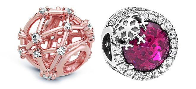 Pandora Timeless 14K Rose Gold Plated CZ Openwork Charm and Silver CZ Sparkling Cerise Pink Crystal Snowflake Charm