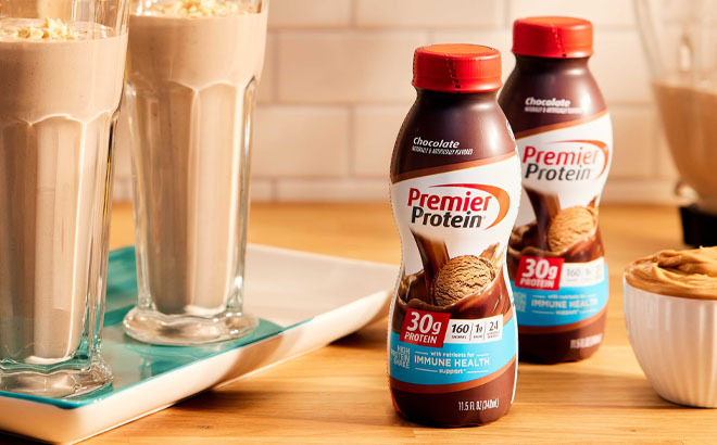 Premier Protein Shake Chocolate Peanut Butter on a Table