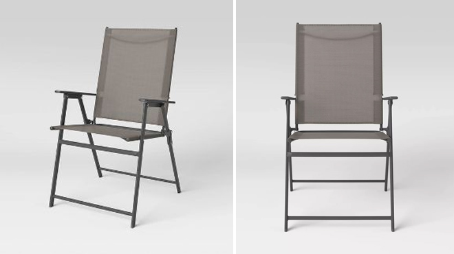 Room Essentials Sling Folding Patio Chair with a Gray Background