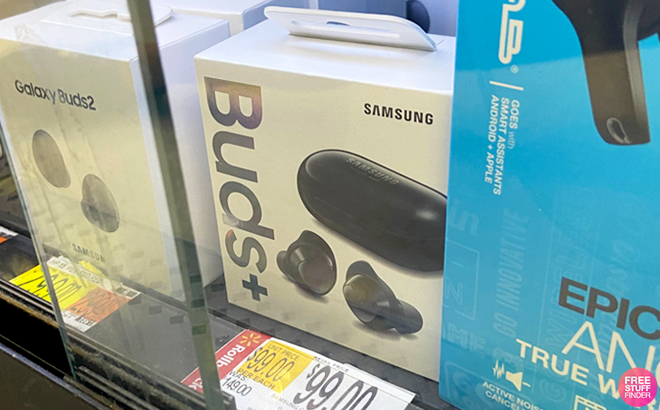 Samsung Buds True Wireless Headphones in Black Color Inside a Glass Shelf at Walmart Store