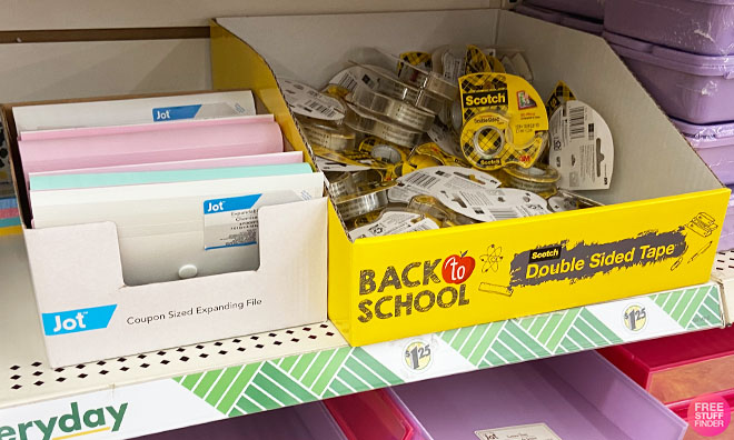 Scotch Double Sided Tape and Jot Coupon Sized Expanding File on a Shelf