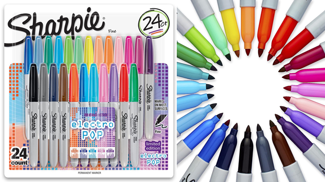 Sharpie 24 Count Electro Pop Permanent Markers on the Left and Same Items Without Cap on the Rights