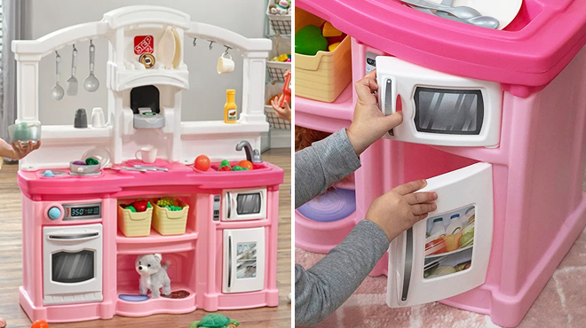 Step2 Fun with Friends Kids Kitchen Set on the Left and a Kid Playing with Same Item on the Right