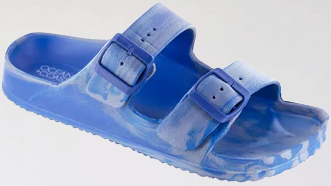 Super Blue Ocean Coast Splash Sandals on a Gray Background