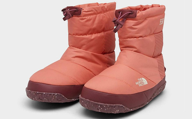 The North Face Womens Nuptse Apres Booties Coral Sunrise Wild Ginger Color