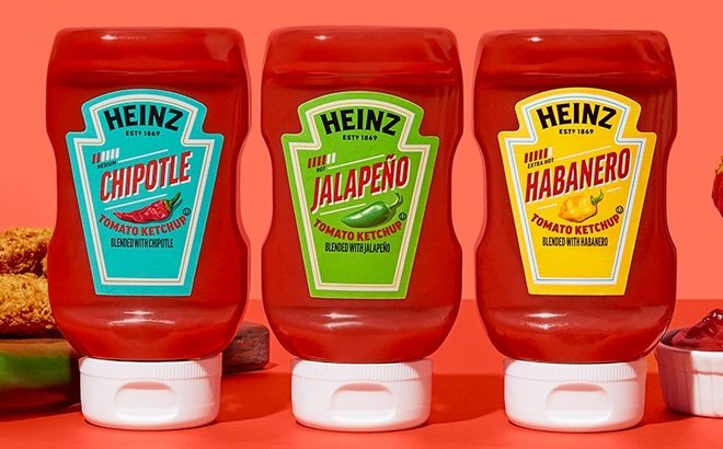 Three Bottles of Heinz Spicy Ketchup in Chipotle Jalapeno and Habanero Flavors