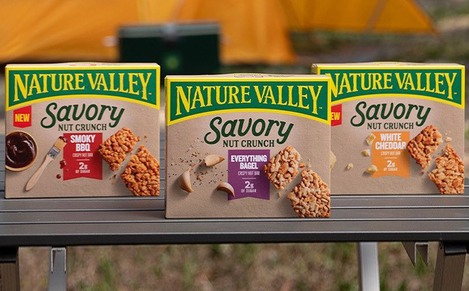 Three Boxes of Natures Valley Savory Nut Crunch Bars on a Camping Table