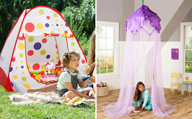 Triangular Play Tent and Purple Iris Hideaway Canopy