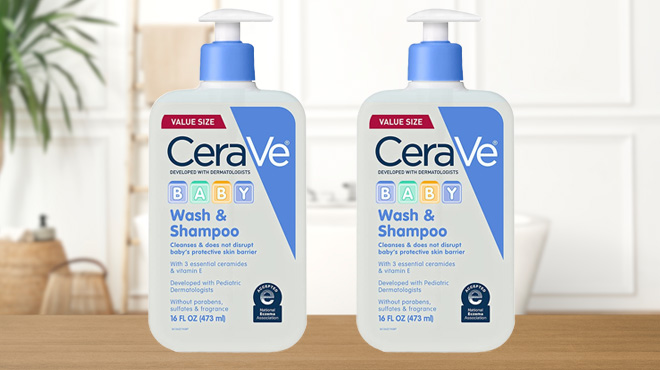 Two Bottles of CeraVe Baby Wash Shampoo on a Wooden Table