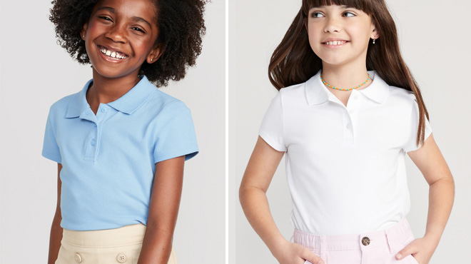 Two Girls Wearing Different Colors of Old Navy Girls Uniform Pique Polo Shirt