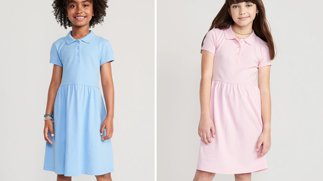 Two Girls Wearing Different Colors of Old Navy School Uniform Fit Flare Pique Polo Dress