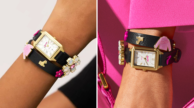 Two Images Showing Hands Wearing Barbie x Fossil Limited Edition Leather Watch