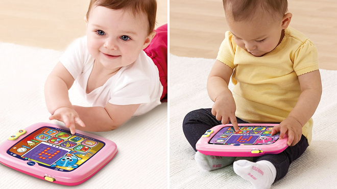 Two Images Showing Two Babies Playing with VTech Light Up Baby Touch Tablet