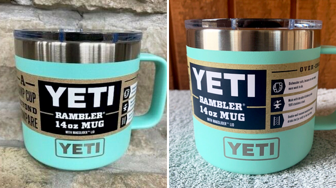 Two Images Showing YETI Rambler 14 Ounce Mug in Seafoam Color