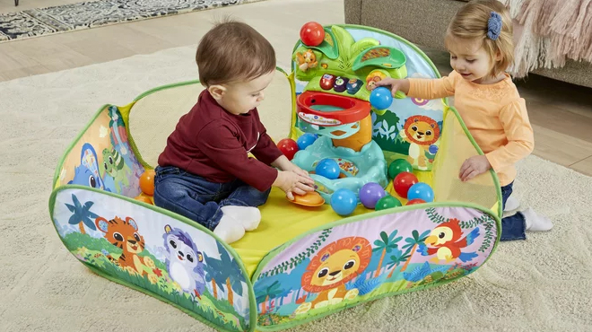 Two Kids Playing with VTech Ball Pit Learning Toy with Balls