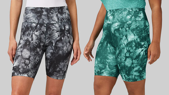 Two Women Wearing 32 Degrees Ultra Stretch Bike Shorts in Black and Shaded Spruce Tie Dye