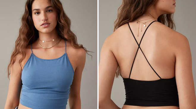 Two Women Wearing American Eagle Strappy Go Lucky Cami in Blue on the Left and Black on the Right