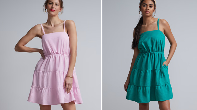Two Women Wearing Different Colors of NY Company Tiered Sleeveless Dress