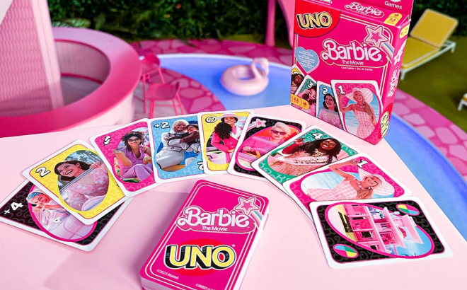 UNO Barbie The Movie Card Game on a Table