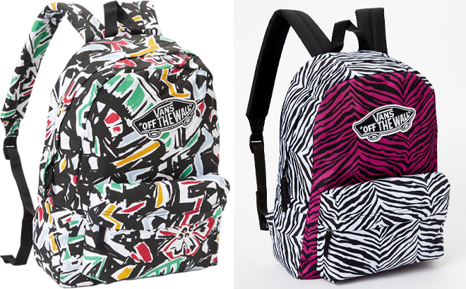 VANS Black Green Abstract Letters Realms Backpack and Pink White Zebra Realm Backpack