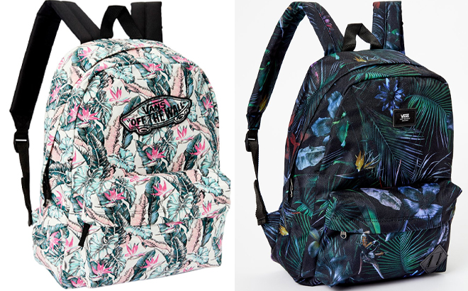 VANS Pink Green Tropical Realm Backpack and Navy Palm Branch Old Skool II Backpack