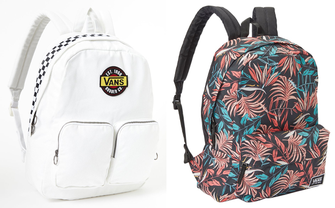 VANS White Outsider Backpack and Pink Black Tropical Realm Backpack