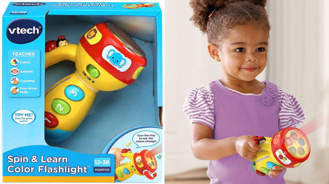 VTech Spin and Learn Color Flashlight on the Left and a Girl Playing with Same Item on the Right