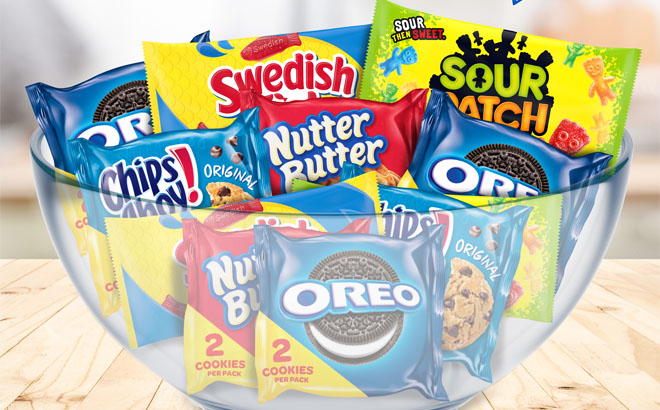 Variety Packs of Cookies and Candies on a Bowl