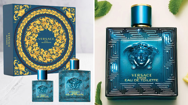 Versace Eros Eau de Toilette Set on the Left and a Bottle of Same Item on the Right