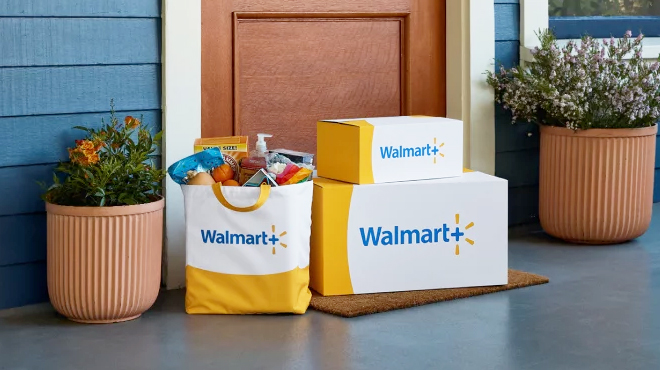 Two Walmart Boxes and a Walmart Shopping Bag Outside of a Front Door to a House
