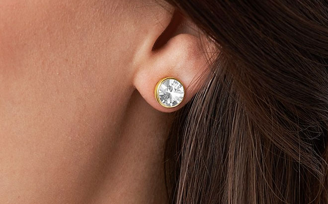 Woman Wearing Fossil Womens Gold Tone Brass Stud Earrings