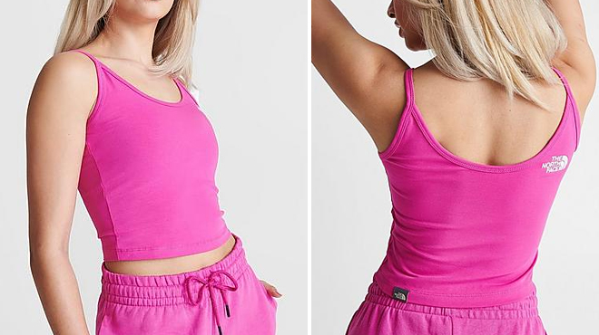 Woman Wearing The North Face Cropped Cami Tank Top in Hot Pink