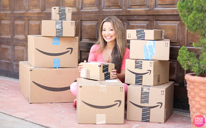 Woman with Amazon Delivery Boxes