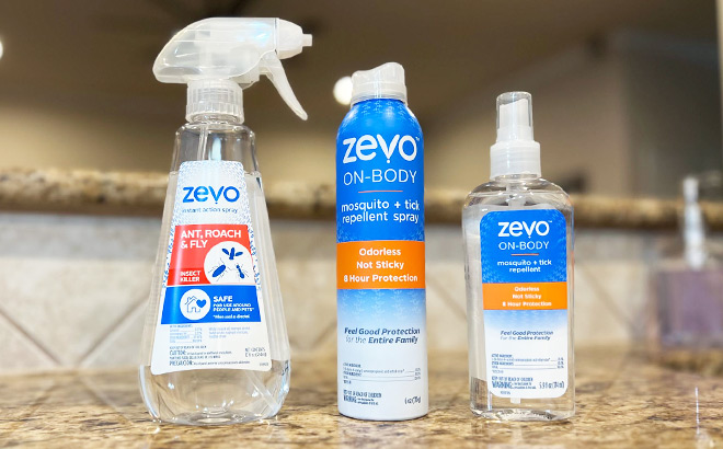 Zevo Insect Products on a Kitchen Countertop