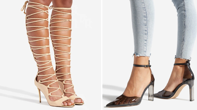 a Woman Wearing Shoe Dazzle Patrii Sandals on the Left a Woman Wearing Shoe Dazzle Pumps on the Right