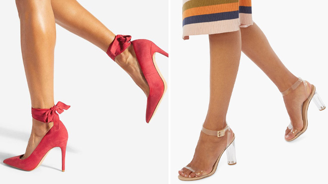 a Woman Wearing Shoe Dazzle Red Sandals on the Left a Woman Wearing Shoe Beige Pumps on the Right