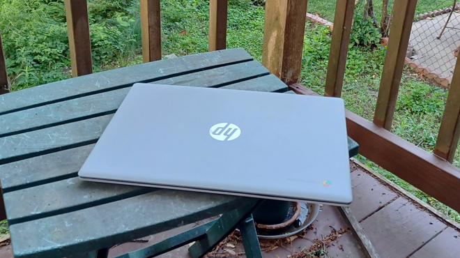 a closed HP 14 inch Chromebook with Intel Celeron and 4GB Memory