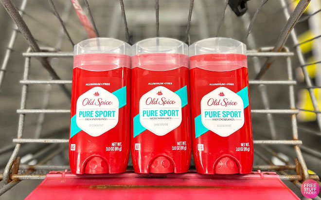 3 Old Spice Pure Sport Deordorant on a Cart