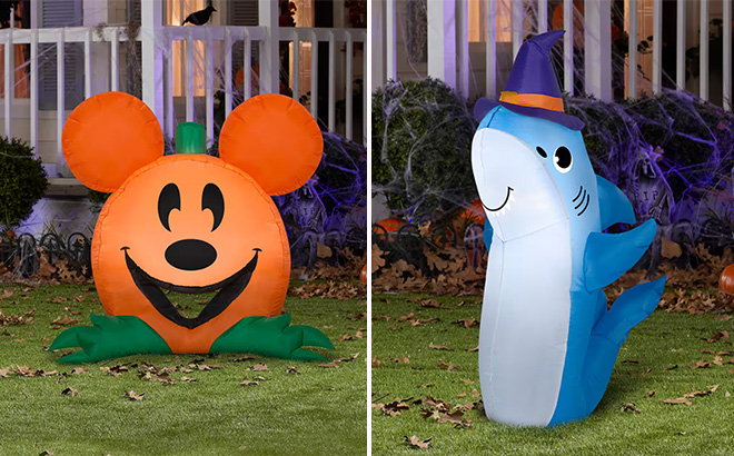3ft Airblown Inflatable Halloween Mickey Mouse and 3 5ft Airblown Inflatable Halloween Shark with Witch Hat