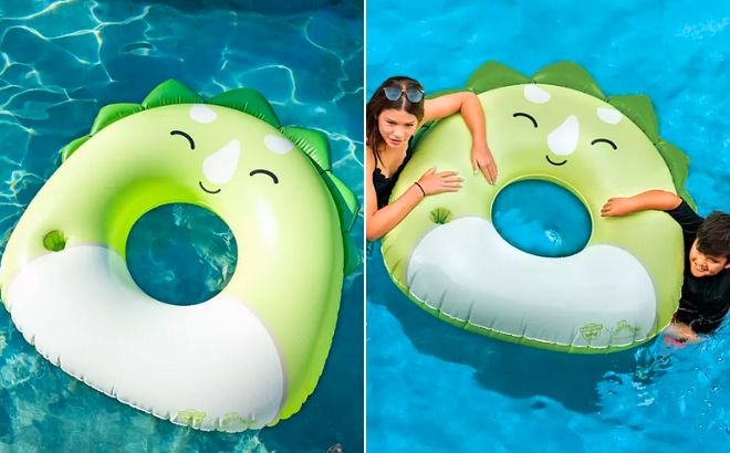 A BigMouth x Squishmallows Inflatable Ring Pool Dino Float in the pool