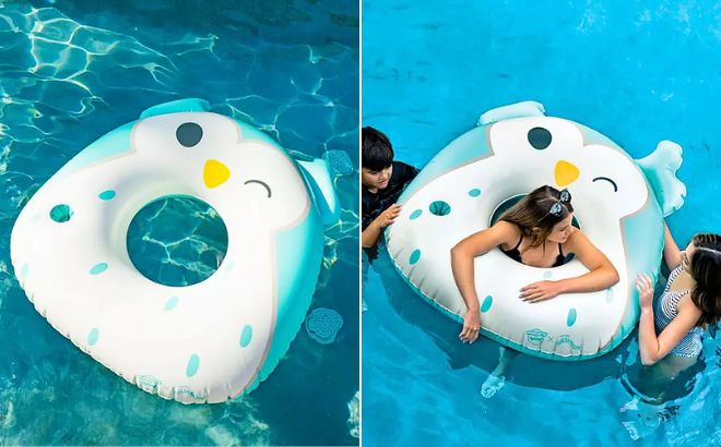 A BigMouth x Squishmallows Inflatable Ring Pool Owl Float in the pool