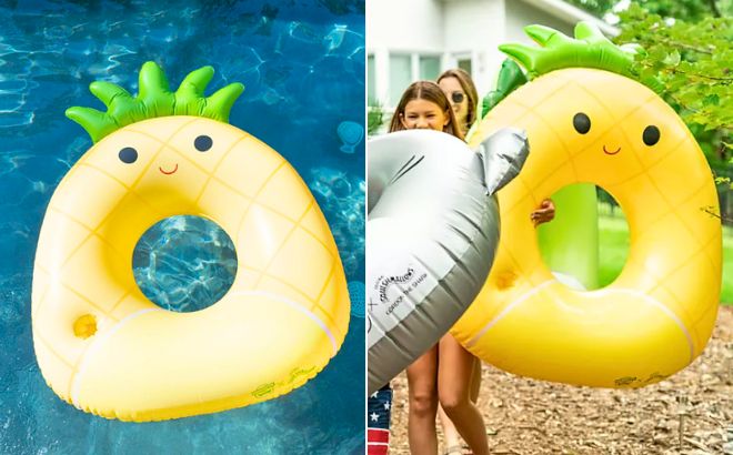 A BigMouth x Squishmallows Inflatable Ring Pool Pinapple Float in pool