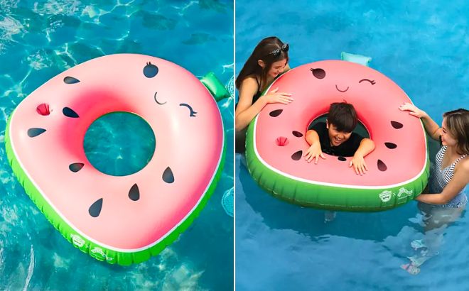 A BigMouth x Squishmallows Inflatable Ring Pool Watermelon Float in the pool