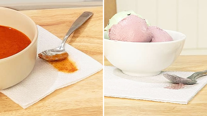 A Bowl of Sauce with Spoon on a Napkin on the Left and a Bowl of Ice Cream with Spoon on a Napkin on the Right